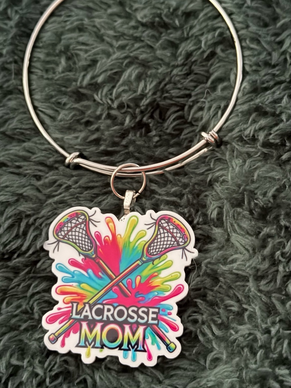 Lacrosse Mom Colorful Charm Bangle Bracelet - Silver Tone